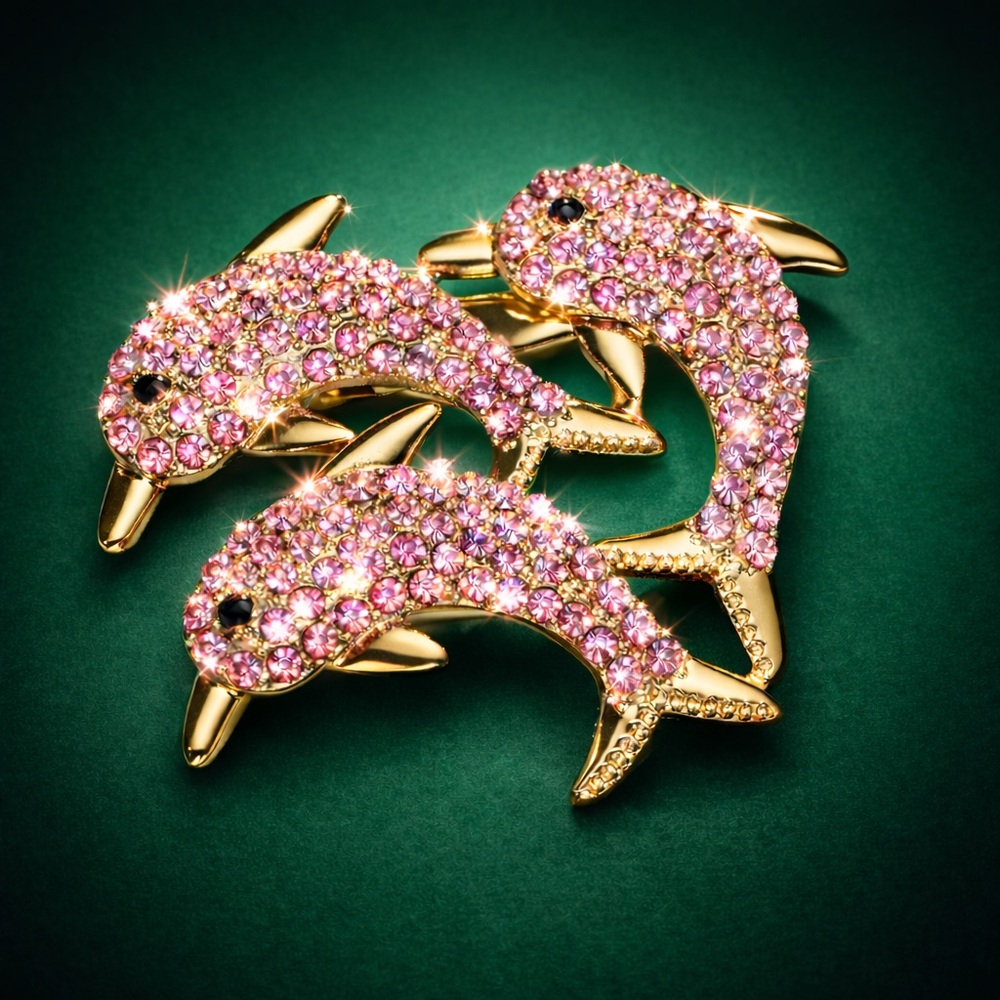 Crystal Pink Rhinestone Dolphin Bag Charm Brooch